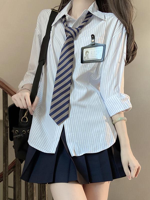 Four-Piece JK Uniform Set for Women: Striped Long Sleeve Shirt, Loose Fit, Pleated Skirt - Trendy 2024 Autumn Style Four-Piece JK Uniform Set for Women: Striped Long Sleeve Shirt, Loose Fit, Pleated Skirt - Trendy 2024 Autumn Style