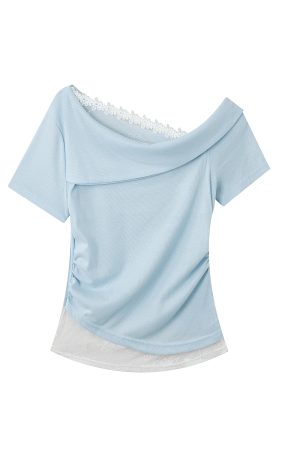 Fragrant Taro Purple Women's Summer Short Sleeve Top with Lace Trim - Irregular Waist Faux Two-Piece T-Shirt, Y2K Style