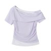 Fragrant Taro Purple Women's Summer Short Sleeve Top with Lace Trim - Irregular Waist Faux Two-Piece T-Shirt, Y2K Style