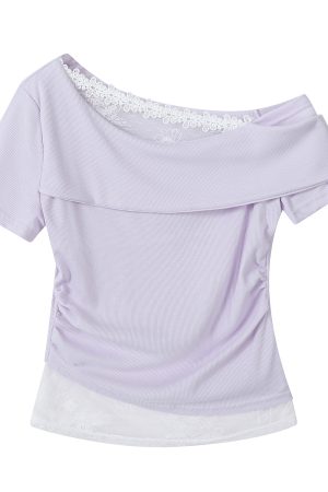 Fragrant Taro Purple Women's Summer Short Sleeve Top with Lace Trim - Irregular Waist Faux Two-Piece T-Shirt, Y2K Style