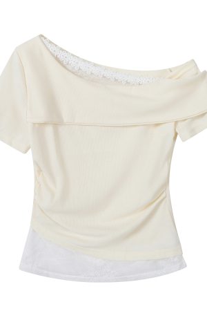 Fragrant Taro Purple Women's Summer Short Sleeve Top with Lace Trim - Irregular Waist Faux Two-Piece T-Shirt, Y2K Style