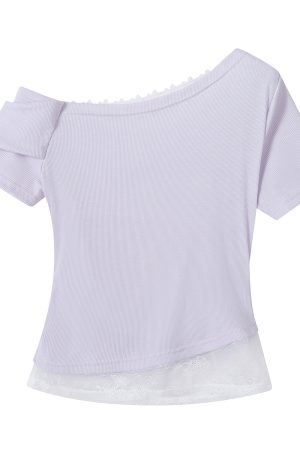 Fragrant Taro Purple Women's Summer Short Sleeve Top with Lace Trim - Irregular Waist Faux Two-Piece T-Shirt, Y2K Style