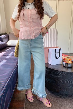 Frayed Denim Cropped Pants for Women â€“ Plus Size Slimming Loose Wide Leg Summer 2025 Fashion