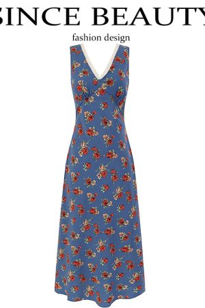 French Blue Floral V-Neck Long Dress for Women - Summer 2025 Vacation Style, Elegant and Chic Fashion for Every Occasion