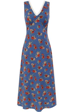 French Blue Floral V-Neck Long Dress for Women - Summer 2025 Vacation Style, Elegant and Chic Fashion for Every Occasion