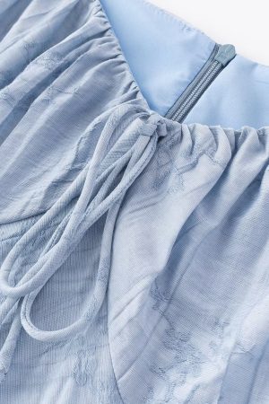 French Blue Jacquard Puff Sleeve Dress for Women - 2025 Summer Asymmetrical Long Skirt, Resort Style, Elegant Fashion