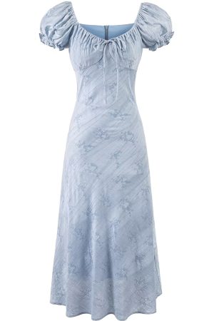 French Blue Jacquard Puff Sleeve Dress for Women - 2025 Summer Asymmetrical Long Skirt, Resort Style, Elegant Fashion