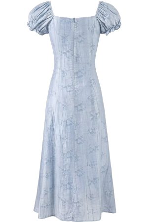 French Blue Jacquard Puff Sleeve Dress for Women - 2025 Summer Asymmetrical Long Skirt, Resort Style, Elegant Fashion