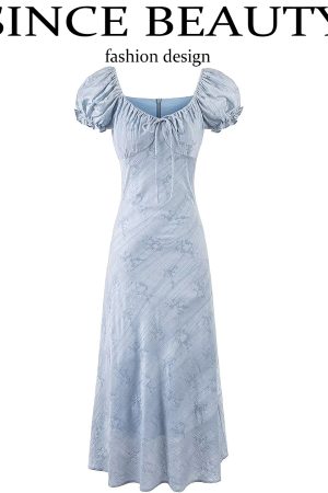 French Blue Jacquard Puff Sleeve Dress for Women - 2025 Summer Asymmetrical Long Skirt, Resort Style, Elegant Fashion