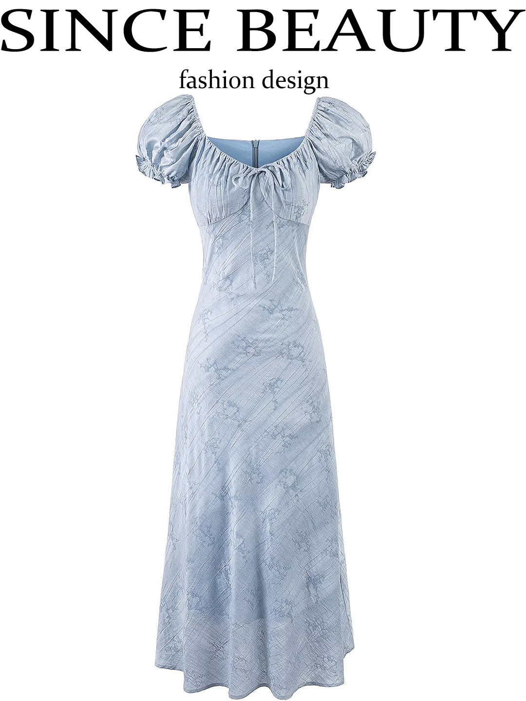 French Blue Jacquard Puff Sleeve Dress for Women - 2025 Summer Asymmetrical Long Skirt, Resort Style, Elegant Fashion French Blue Jacquard Puff Sleeve Dress for Women - 2025 Summer Asymmetrical Long Skirt, Resort Style, Elegant Fashion