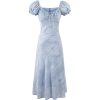 French Blue Jacquard Puff Sleeve Dress for Women - 2025 Summer Asymmetrical Long Skirt, Resort Style, Elegant Fashion