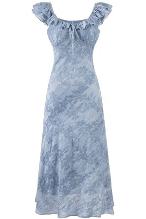 French Blue Ombre Jacquard Ruffled Sleeve Dress for Women - 2025 Summer Vacation Style