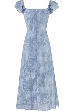 French Blue Ombre Jacquard Ruffled Sleeve Dress for Women - 2025 Summer Vacation Style