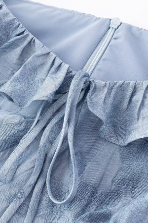 French Blue Ombre Jacquard Ruffled Sleeve Dress for Women - 2025 Summer Vacation Style