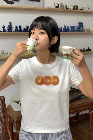 French Bread Print Shoulder-Baring Short Sleeve Top - Slim Fit Pure Cotton Fashion Tee for 25SS, Trendy Casual Wear