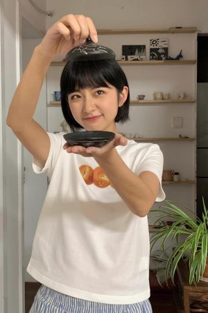 French Bread Print Shoulder-Baring Short Sleeve Top - Slim Fit Pure Cotton Fashion Tee for 25SS, Trendy Casual Wear