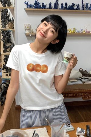 French Bread Print Shoulder-Baring Short Sleeve Top - Slim Fit Pure Cotton Fashion Tee for 25SS, Trendy Casual Wear