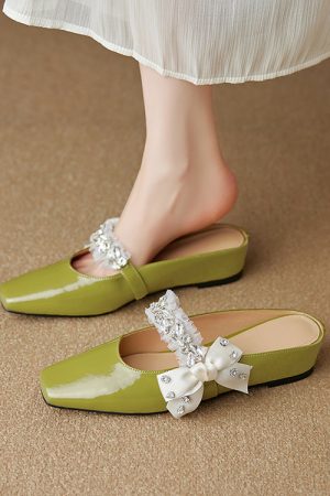 French Fashion Fairy Style Bow Sandals for Women - Versatile Closed-Toe Rhinestone Half-Slippers