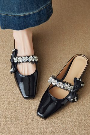 French Fashion Fairy Style Bow Sandals for Women - Versatile Closed-Toe Rhinestone Half-Slippers