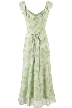 French Green Gradient V-Neck Dress for Women - Summer 2025 Long Vacation Style Dress, Trendy and Stylish