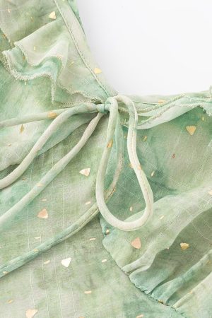 French Green Gradient V-Neck Dress for Women - Summer 2025 Long Vacation Style Dress, Trendy and Stylish