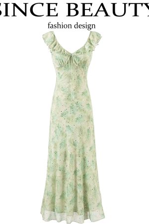 French Green Gradient V-Neck Dress for Women - Summer 2025 Long Vacation Style Dress, Trendy and Stylish