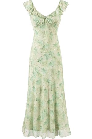 French Green Gradient V-Neck Dress for Women - Summer 2025 Long Vacation Style Dress, Trendy and Stylish