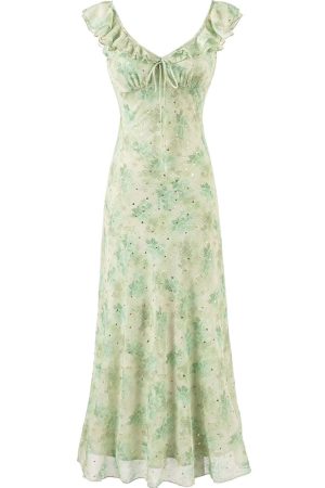 French Green Gradient V-Neck Dress for Women - Summer 2025 Long Vacation Style Dress, Trendy and Stylish