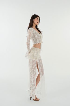 French Lace Jacquard Tie Cardigan and High-Slit Skirt Set - Chic 90s Inspired Women's Fashion Ensemble