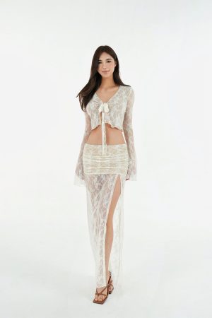 French Lace Jacquard Tie Cardigan and High-Slit Skirt Set - Chic 90s Inspired Women's Fashion Ensemble