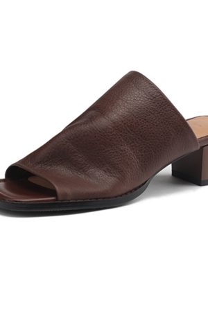 French Minimalist Genuine Leather Half-Mule Mid-Heel Open-Toe Sandals - Italian Style Summer Footwear