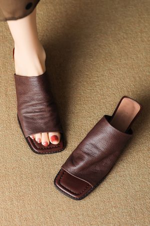 French Minimalist Genuine Leather Half-Mule Mid-Heel Open-Toe Sandals - Italian Style Summer Footwear