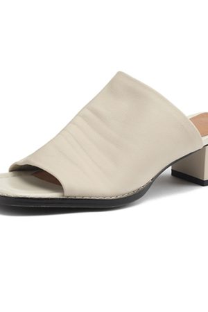 French Minimalist Genuine Leather Half-Mule Mid-Heel Open-Toe Sandals - Italian Style Summer Footwear