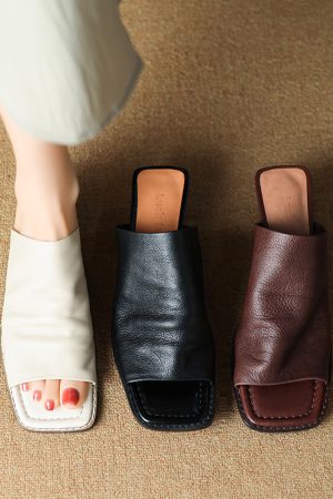 French Minimalist Genuine Leather Half-Mule Mid-Heel Open-Toe Sandals - Italian Style Summer Footwear