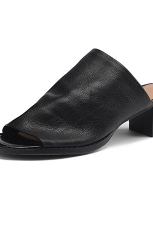French Minimalist Genuine Leather Half-Mule Mid-Heel Open-Toe Sandals - Italian Style Summer Footwear