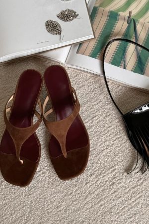 French Minimalist Sheepskin Thong Sandals for Women - Thin Heels, Versatile One-Strap Slide Flip-Flops