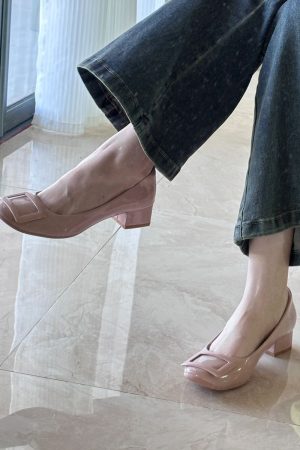 French Nude Pink Sheepskin High Heels with Square Buckle, Round Toe, Chunky Commuting Style, Versatile Shallow Mouth Footwear