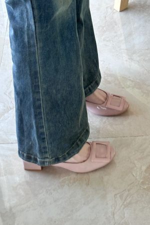 French Nude Pink Sheepskin High Heels with Square Buckle, Round Toe, Chunky Commuting Style, Versatile Shallow Mouth Footwear