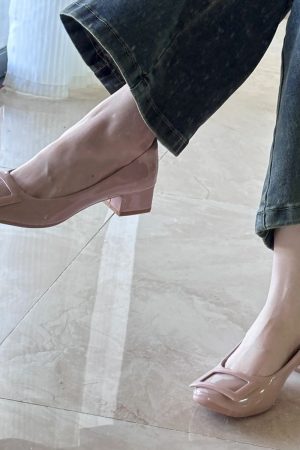 French Nude Pink Sheepskin High Heels with Square Buckle, Round Toe, Chunky Commuting Style, Versatile Shallow Mouth Footwear