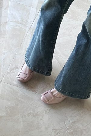 French Nude Pink Sheepskin High Heels with Square Buckle, Round Toe, Chunky Commuting Style, Versatile Shallow Mouth Footwear