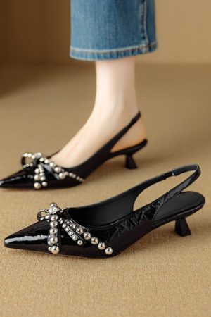 French Pointed Toe Bow Tie Open Toe Sandals for Women - Summer Style with Thin Heel and Shallow Mouth Flats