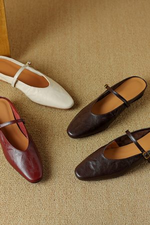 French Retro Genuine Leather Height-Increasing Slip-On Mules for Women - Comfortable Flat-Toe Half Slippers