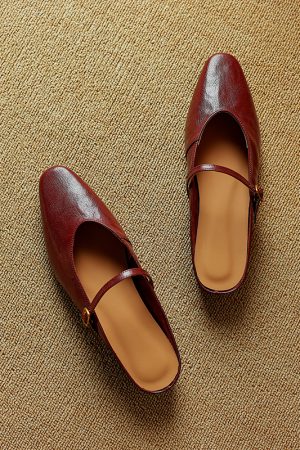 French Retro Genuine Leather Height-Increasing Slip-On Mules for Women - Comfortable Flat-Toe Half Slippers