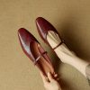 French Retro Genuine Leather Height-Increasing Slip-On Mules for Women - Comfortable Flat-Toe Half Slippers