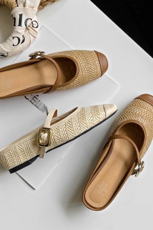 French Retro Roman Straw Woven Open-Toe Half Slippers for Women - Wedge Lazy Slip-On Shoes in Vintage Style