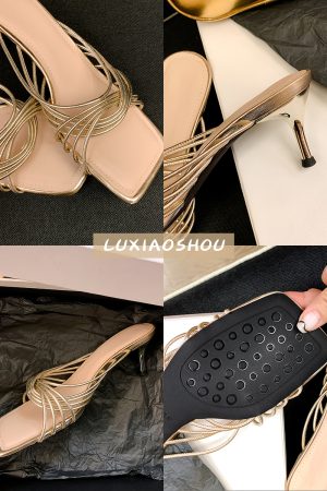 French Square-Toe Sheepskin Cross Strap High-Heeled Sandals for Women - Elegant Open-Toe Roman Style for Outdoor Wear