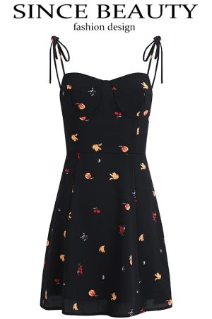 French Style Black Floral Spaghetti Strap Dress - Women's Summer Vacation Dress - Trendy Short Design for Effortless Elegance