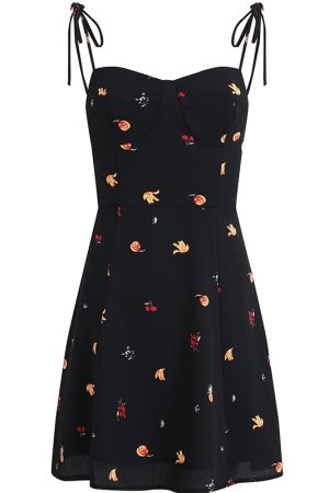 French Style Black Floral Spaghetti Strap Dress - Women's Summer Vacation Dress - Trendy Short Design for Effortless Elegance