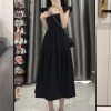 French-Style Black Square Neck Sleeveless Dress with Small Flying Sleeves for Women - 2025 Summer Petite Slim Mid-Length Fashion.