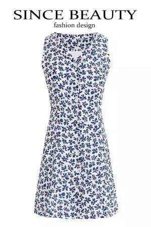 French-Style Blue Vacation Short Dress for Women - 2025 Summer Collection, Petite Fit, Effortless Elegance